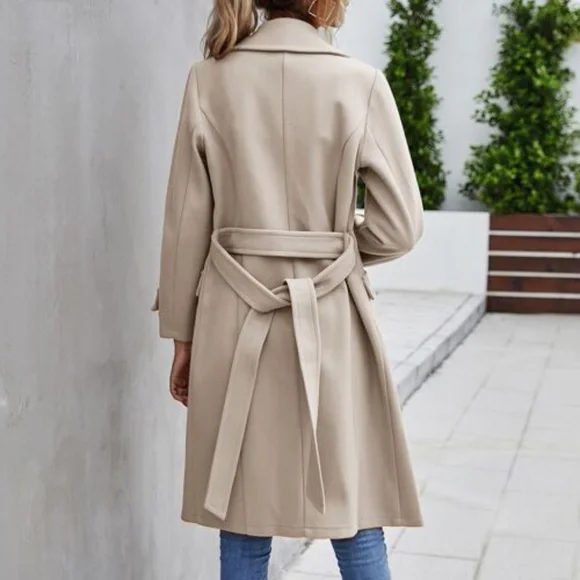 Cream Button up Trench Pea Coat Minimalist Classic - Picture 2 of 4